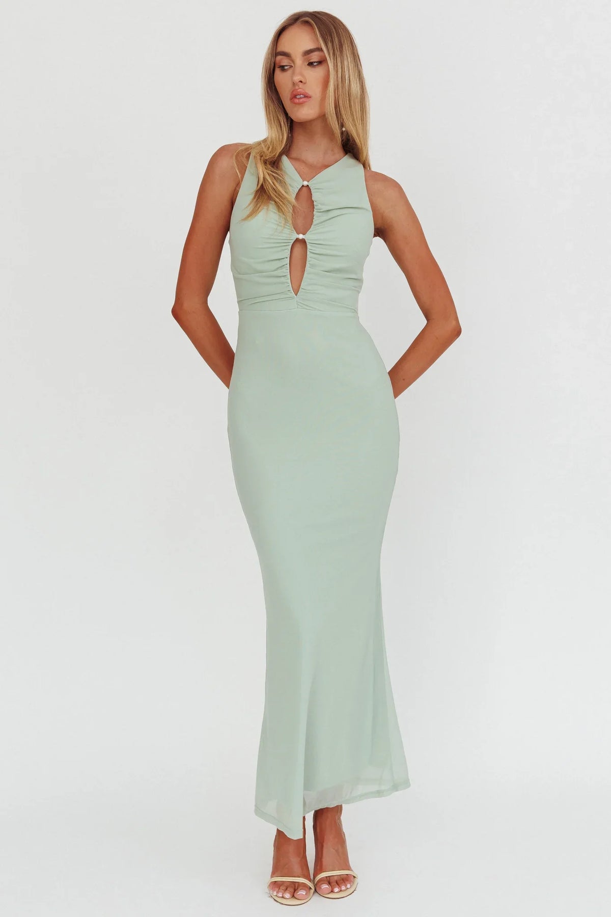 Piece Of Heaven Sleeveless Keyhole Mesh Maxi Dress Sage