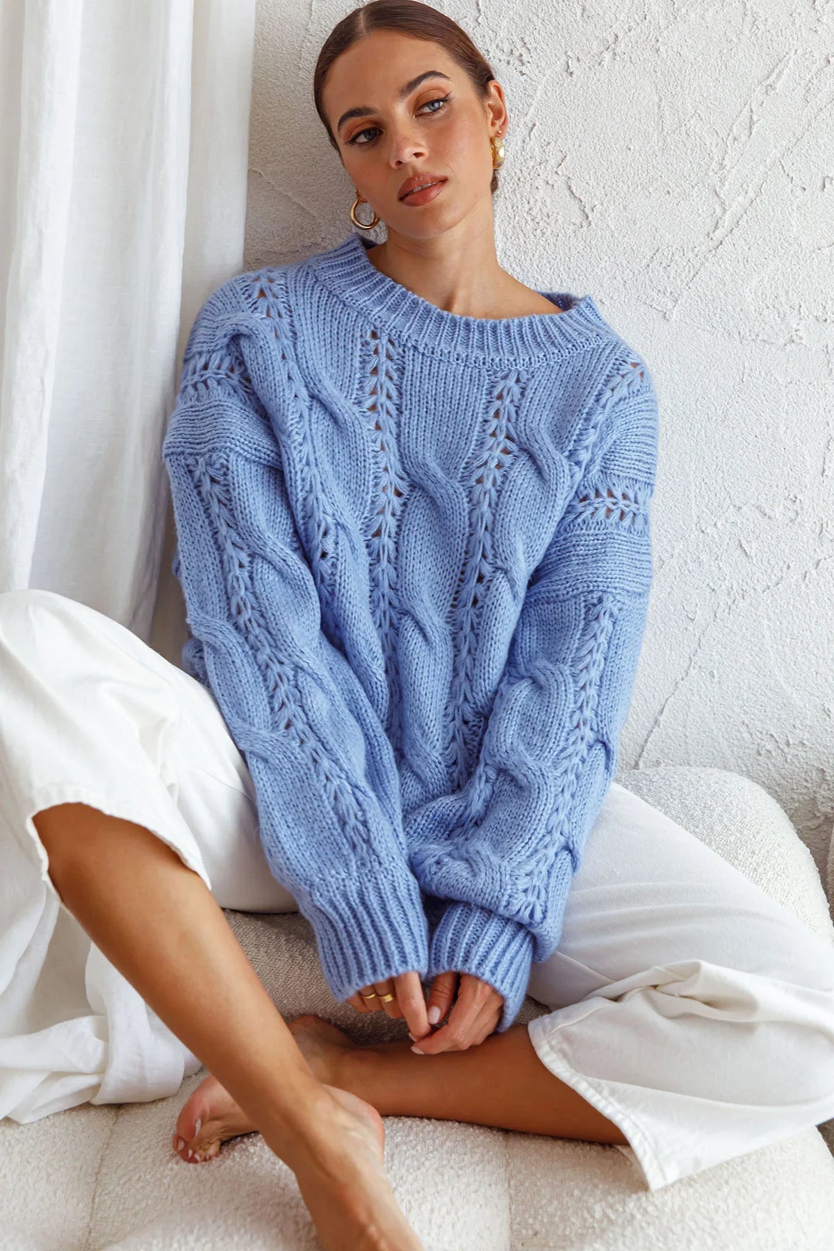 Nicola Long Sleeve Chunky Cable Knit Sweater Blue