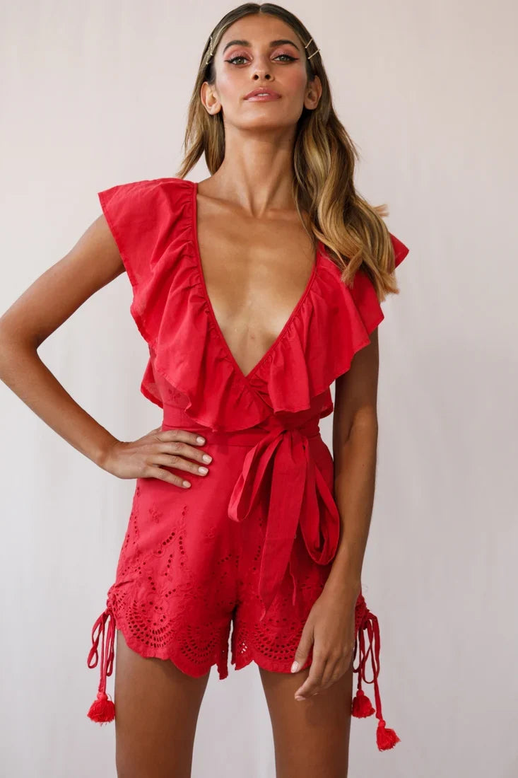 Kipper V-Neck Scalloped Romper Red