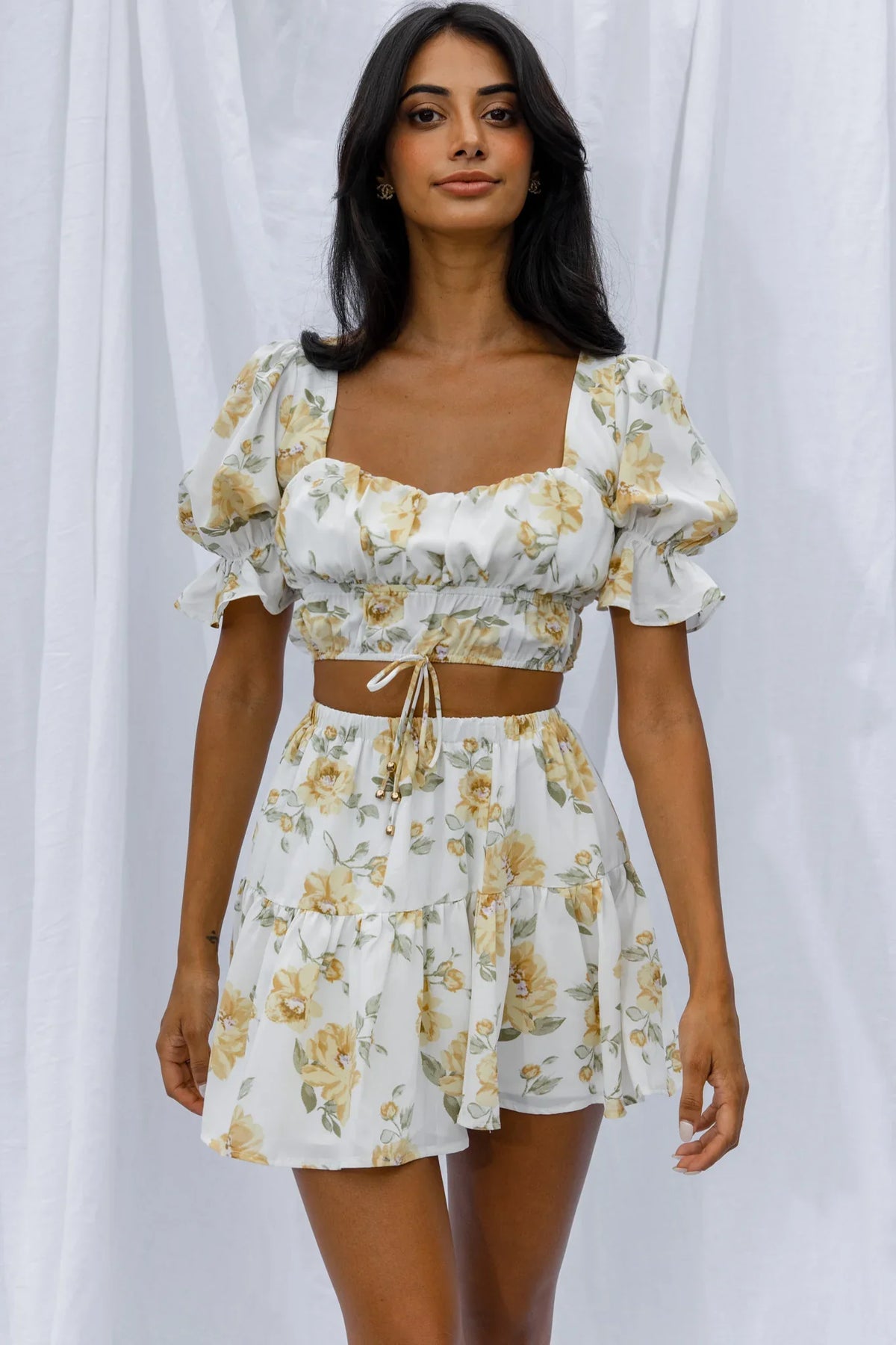 Lilibet Puff Sleeve Drawstring Crop Top Floral White
