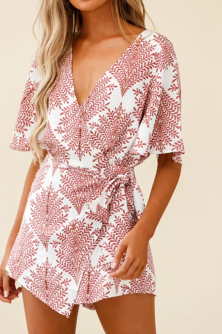 Nadi V-Neckline Wrap Romper Leaf Print White