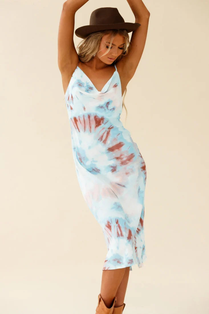 Show Me Love Cowl Neck Midi Dress Tie-Dye Blue Multi