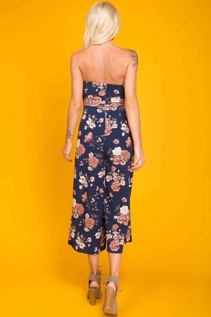 Khloe Floral Summer Bow Tie Jumpsuit Navy