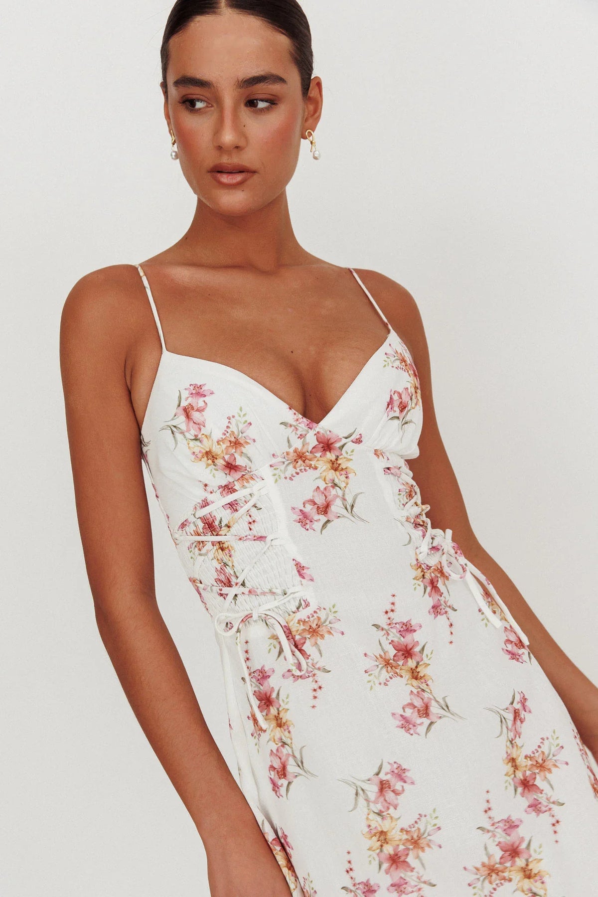 Kalaya Lace-Up Waist Midi Dress Floral