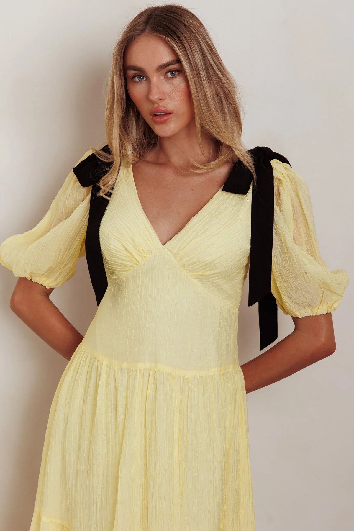 Sinta Bow Shoulder Puff Sleeve Maxi Dress Lemon