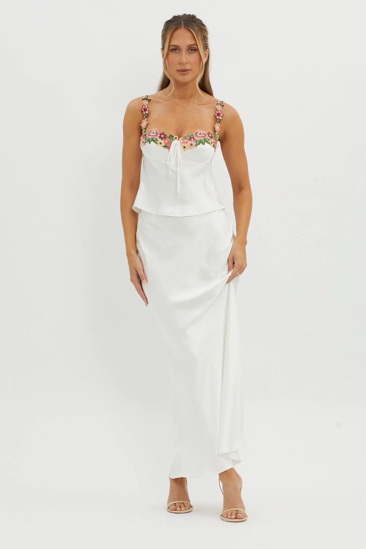 Rose Garden Satin Maxi Skirt White