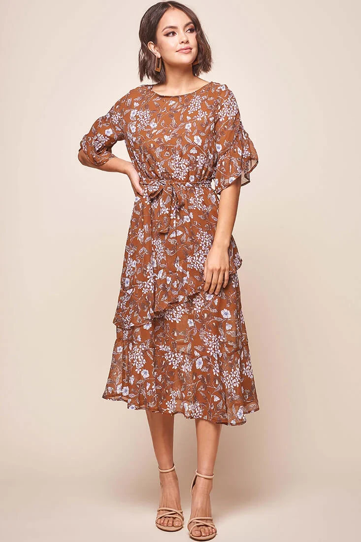 Jackson Waist Tie Ruffle Dress Rust Print