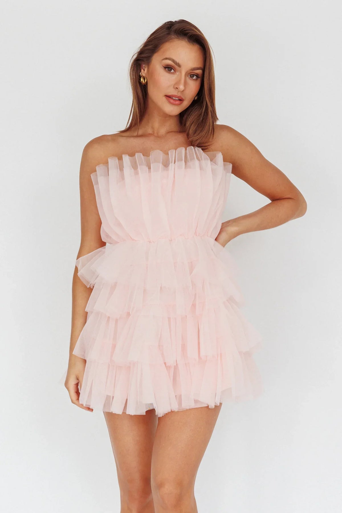 Bon Bon Tiered Mesh Mini Dress Blush