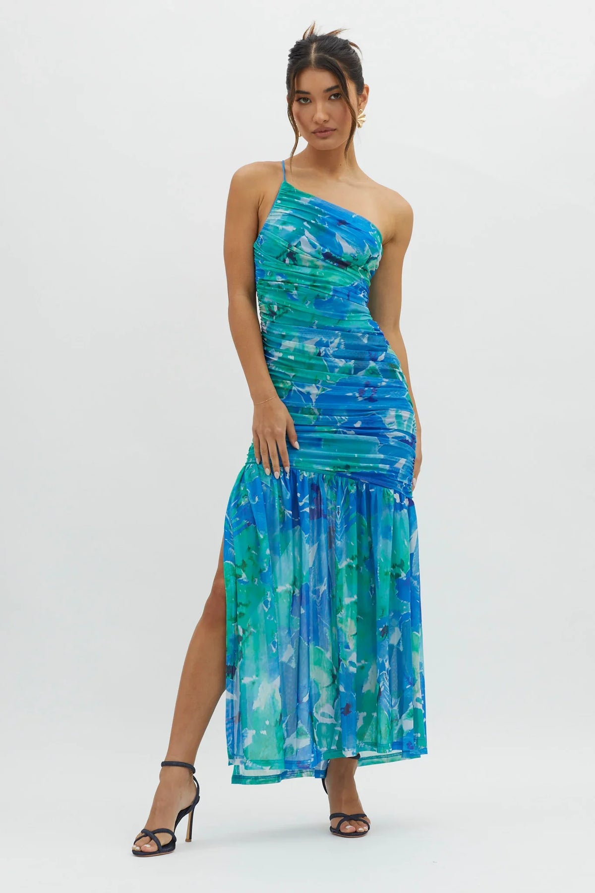 Golden Sun One-Shoulder Ruched Maxi Dress Green