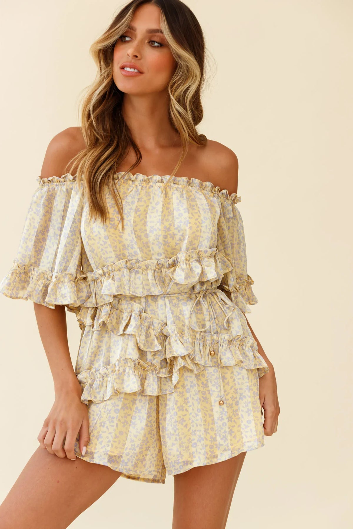 Astoria Bardot Neckline Frill Romper Floral & Stripe Print Yellow
