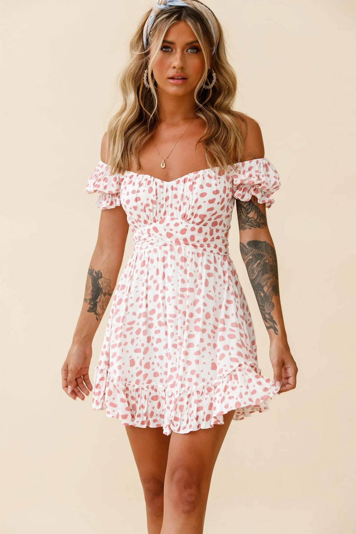 Linka Off-Shoulder Tie Back Dress Spot Print Pink/White