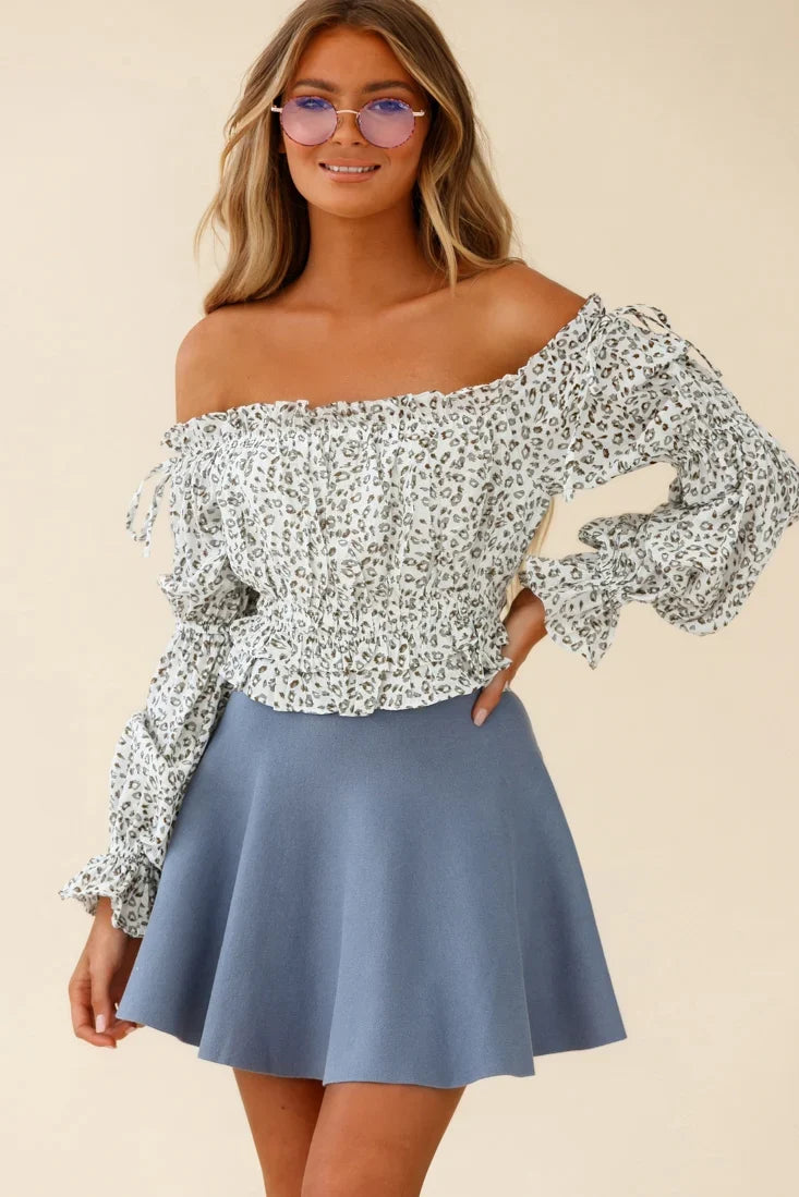 Taryn Bardot Top Leopard Print White