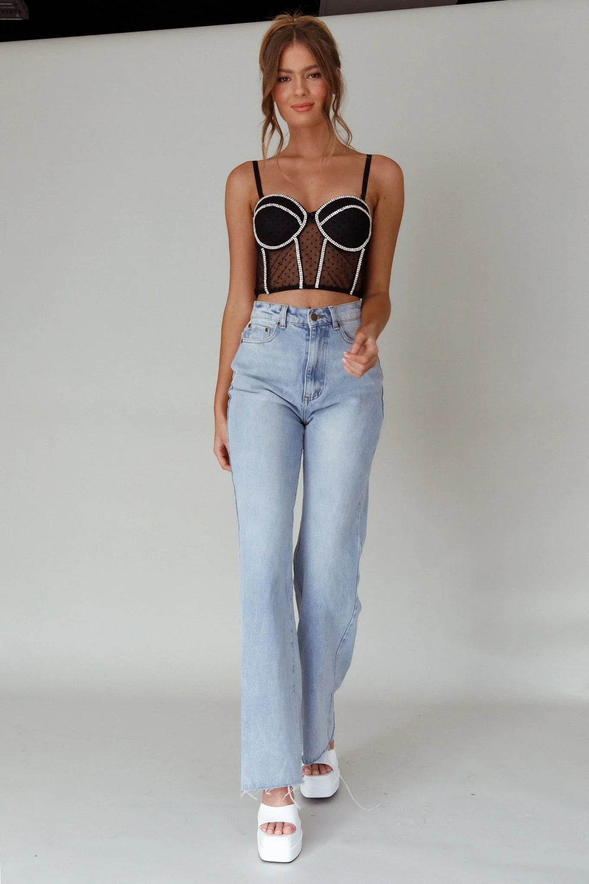 Stop And Stare Diamante Trim Crop Top Black