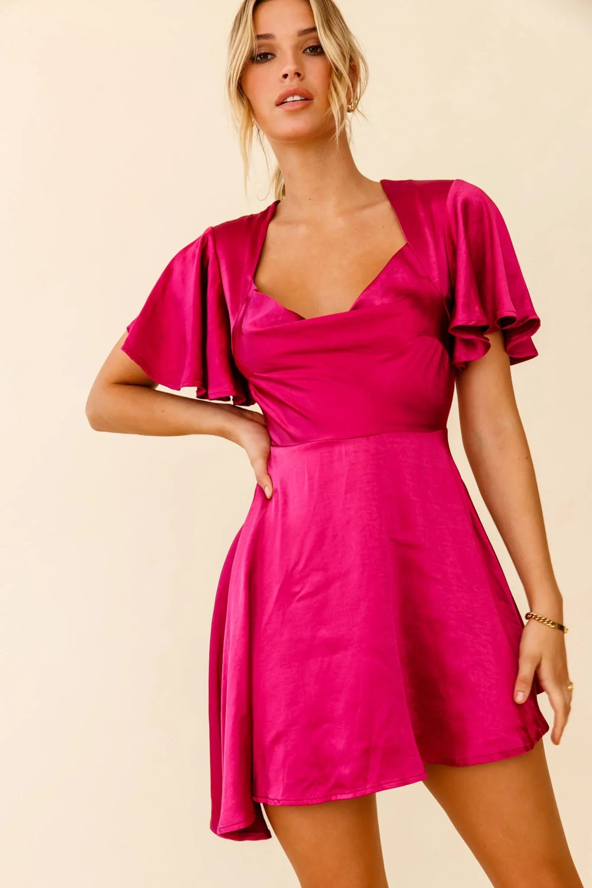 Sydney Angel Sleeve Cowl Neck Satin Dress Plum
