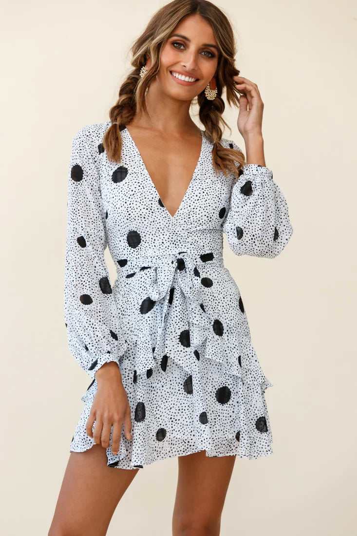 Kerry Layered Balloon Sleeve Dress Black Spot Print White