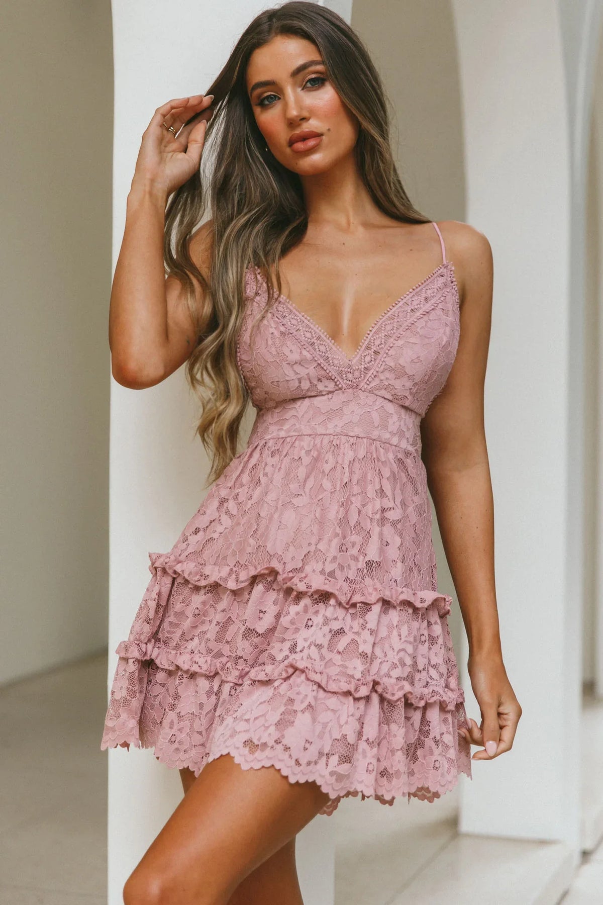 Sunshine Morning Crochet Lace Frill Trim Tied Back Lace Mini Dress Rose