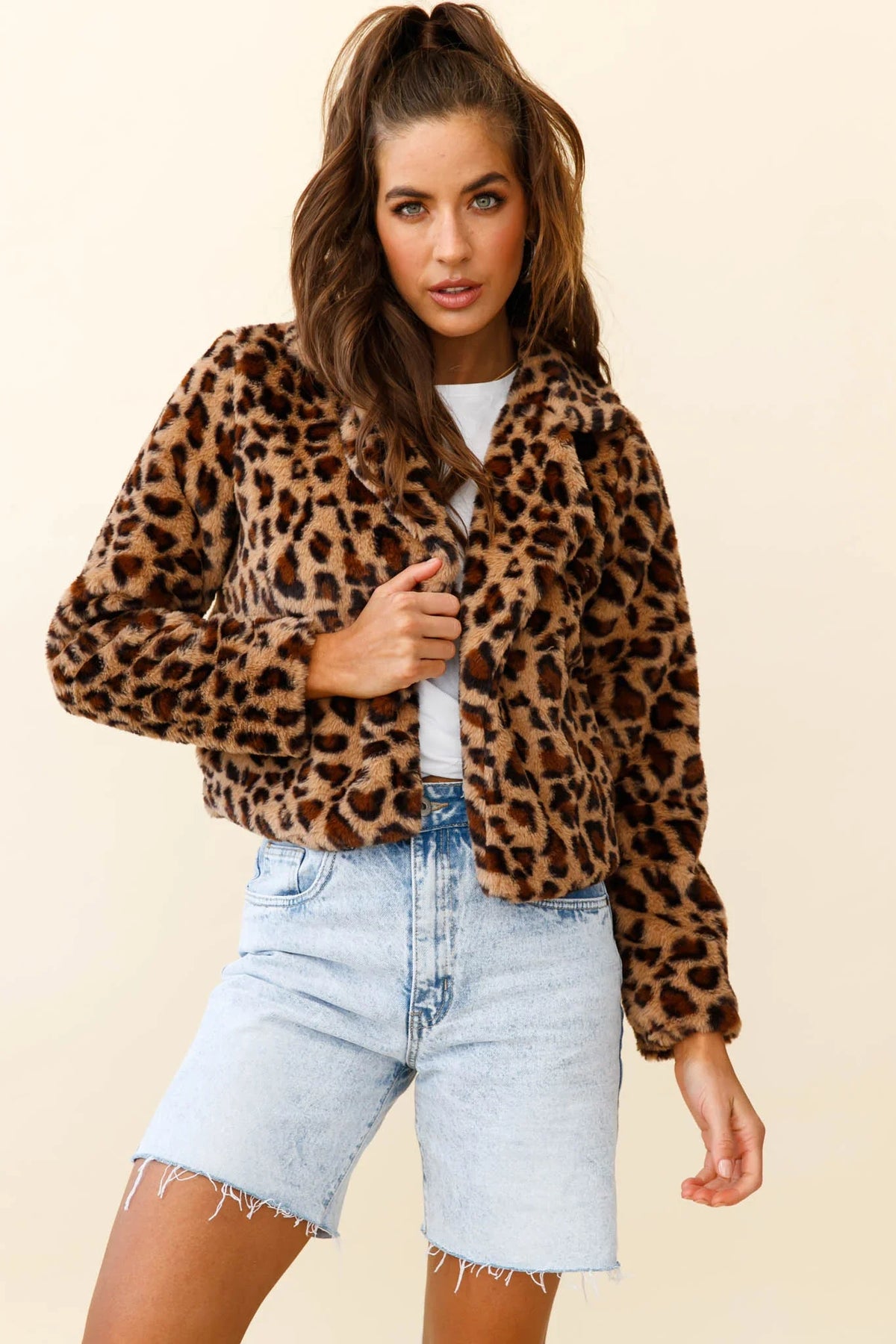 Ohio Faux Fur Leopard Print Jacket Brown