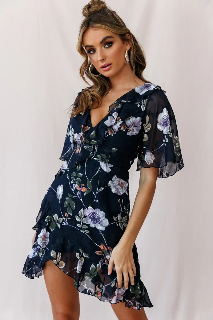 June Angel Sleeve Ruffle Detail Dress Navy