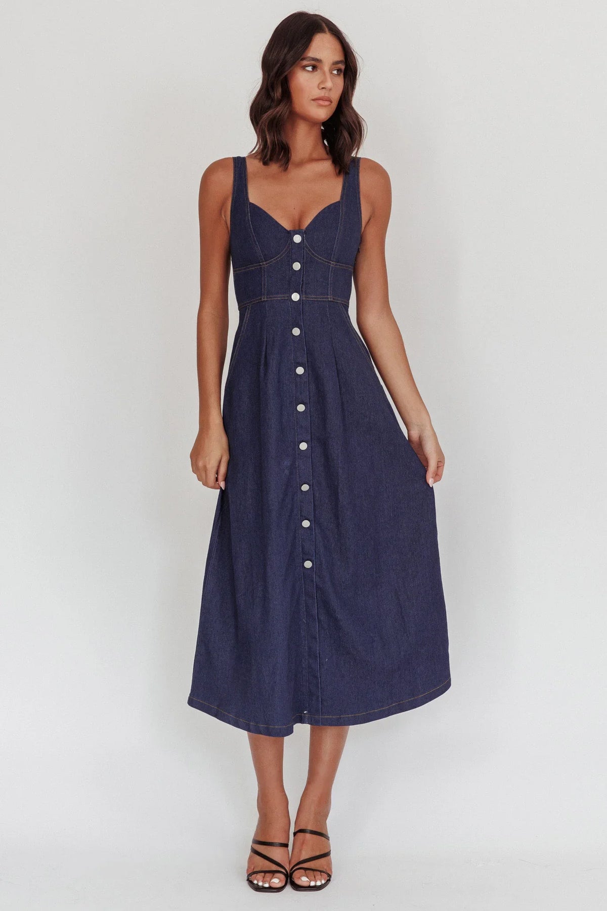 Pixie Dust Button Front Midi Dress Dark Denim