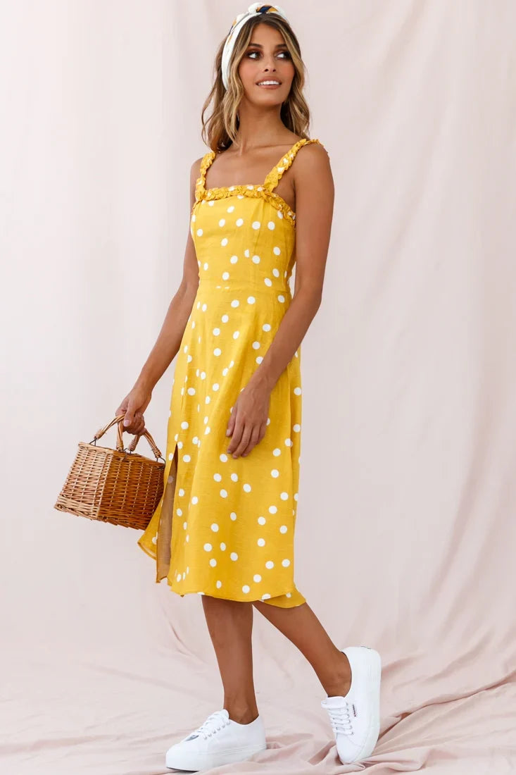 Magdalene Frill Strap A-Line Midi Dress Yellow Mustard