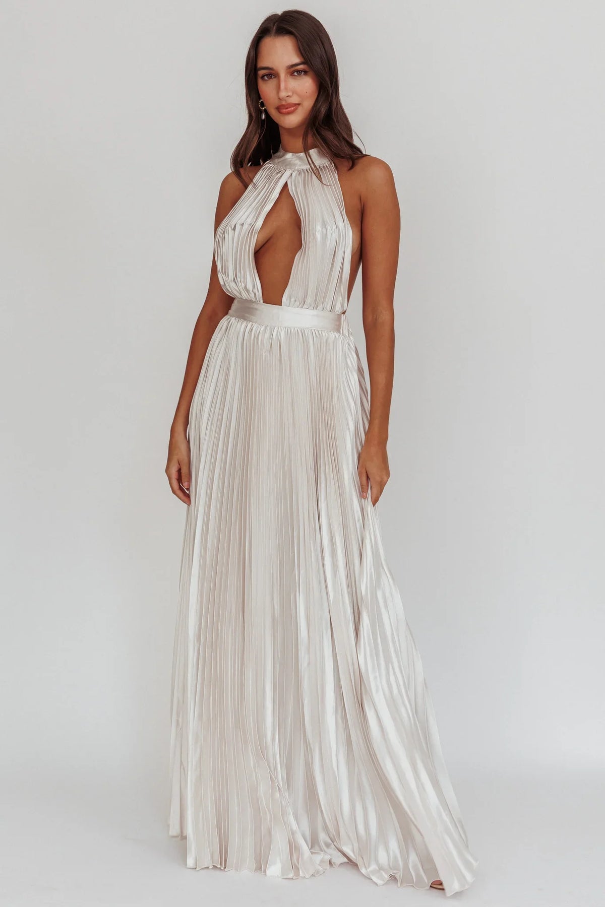 Monarch Pleated Satin Maxi Dress Champagne