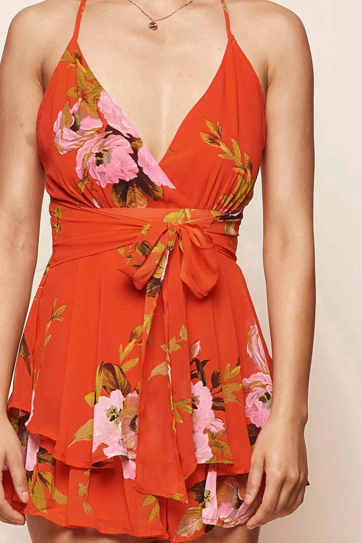 Maddox Fit & Flare Floral Romper Orange