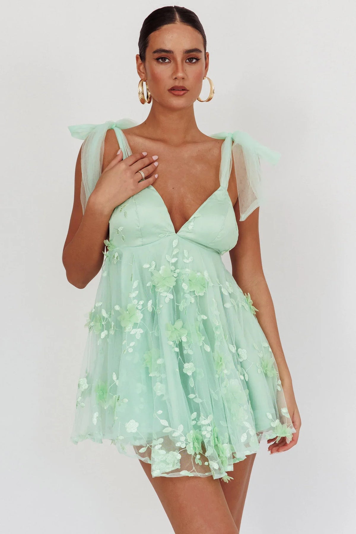 Chantilly Tied Shoulder Mini Dress Sage