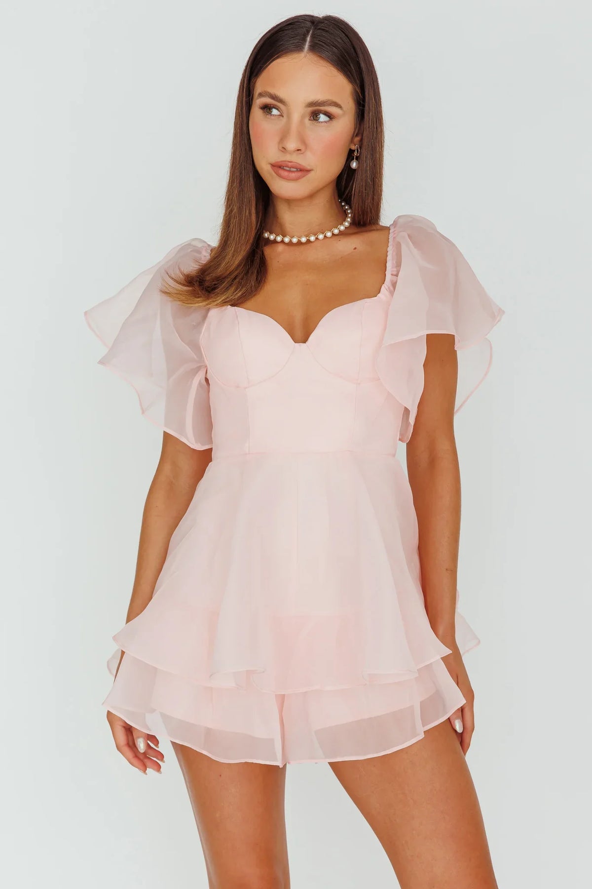 Aphrodite Angel Sleeve Layered Romper Pink