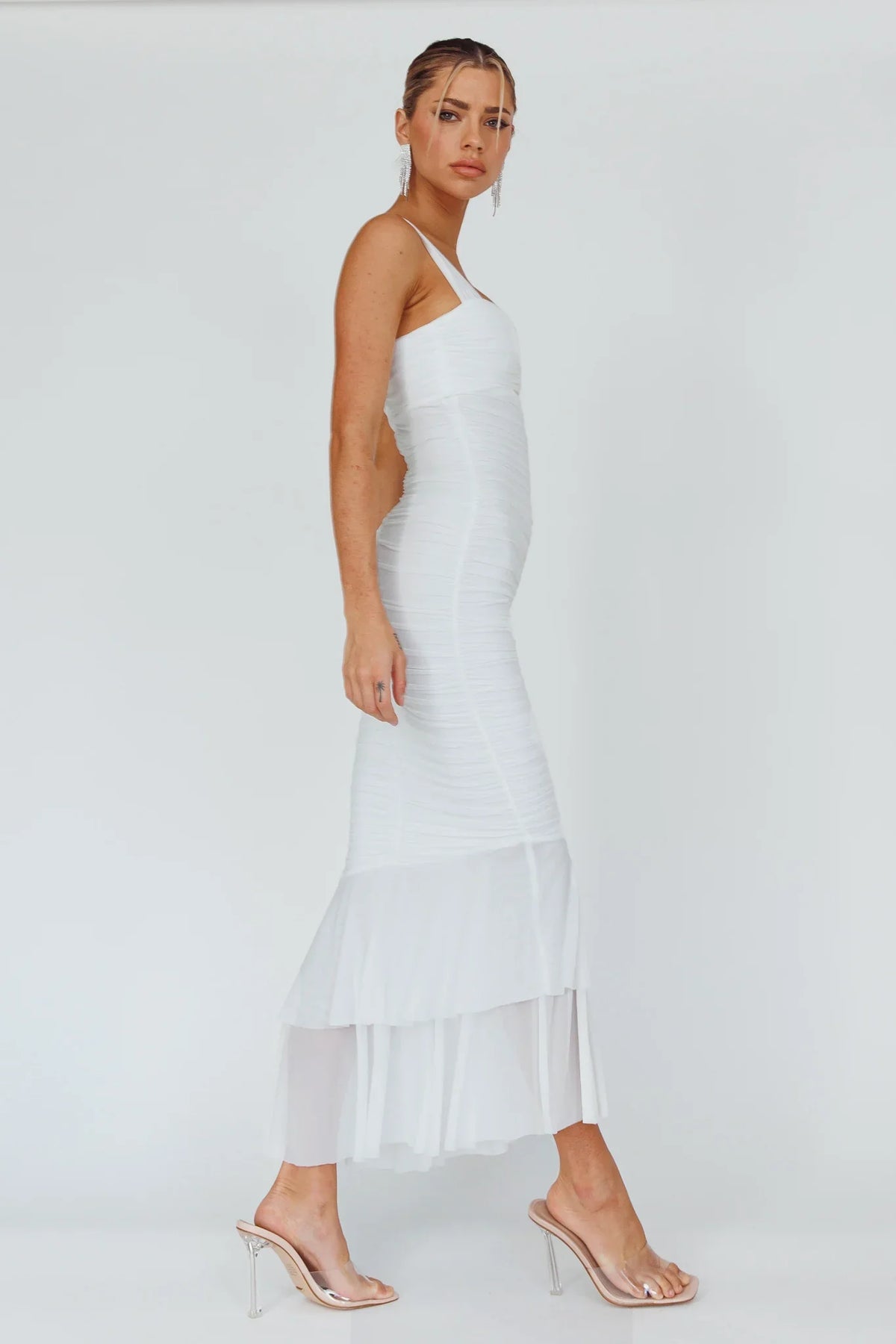 Nadia Ruched Fishtail Maxi Dress White