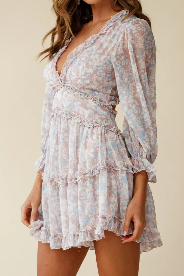Laney Cutout Back Ruffle Trim Dress Floral Print Pink/Blue
