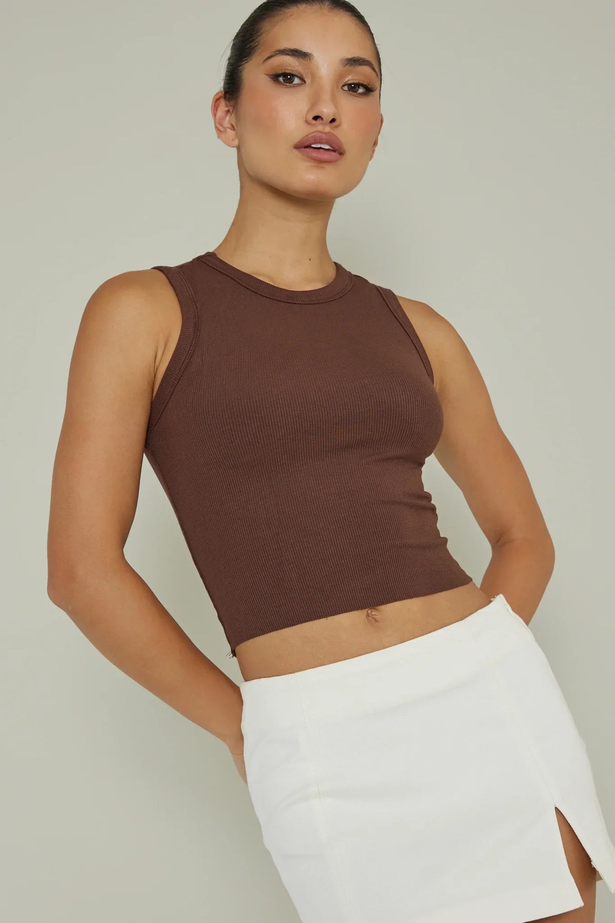 Mayra Crew Neck Crop Top Brown