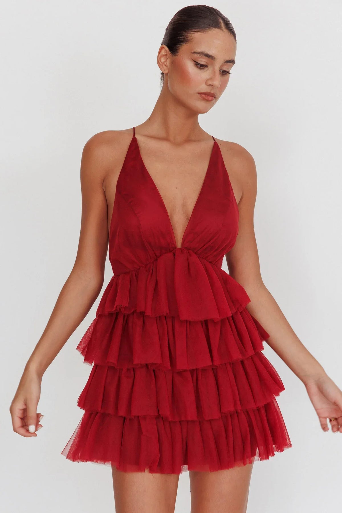 Auguste Tiered Frill Mini Dress Burgundy