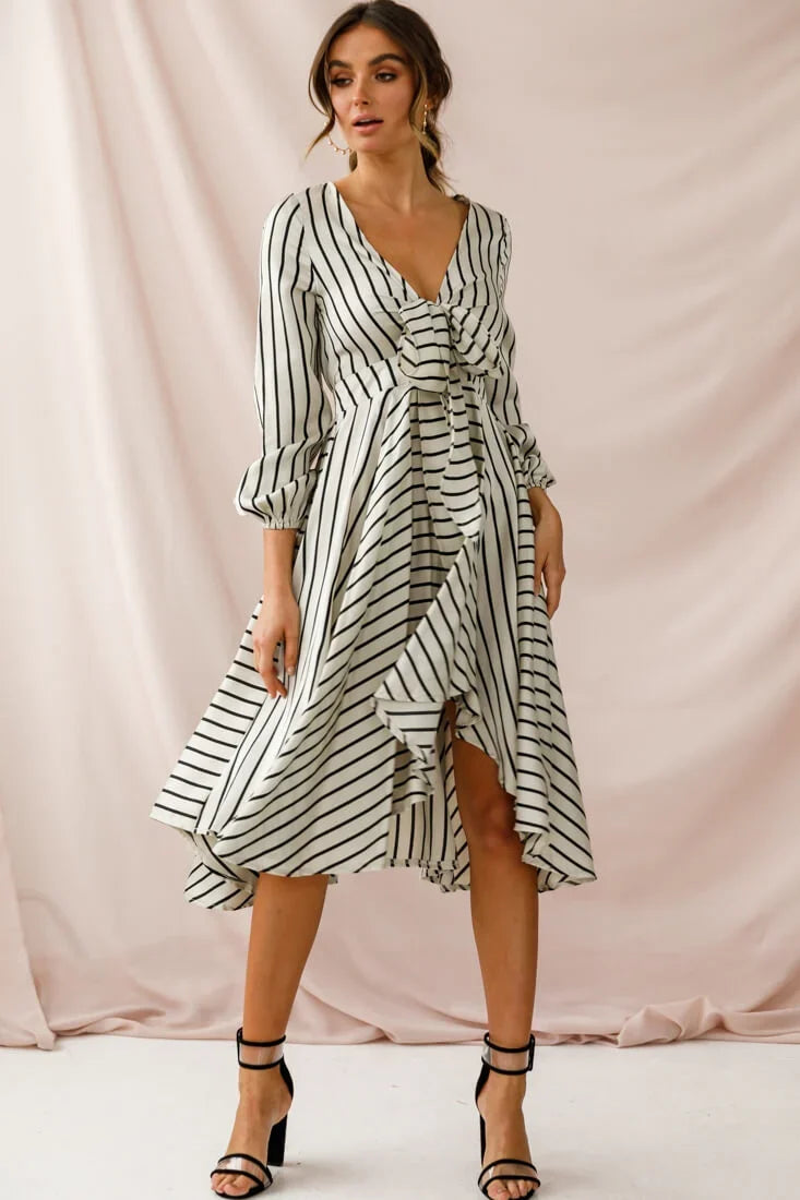 Essex Striped Bust Tie Midi Dress Beige