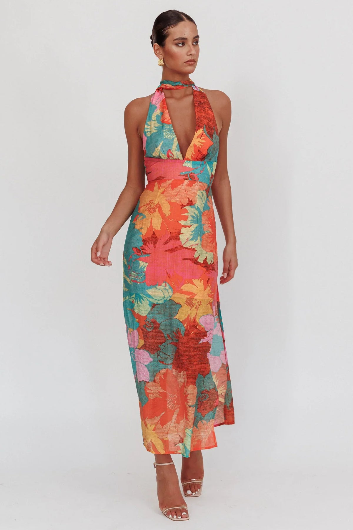 Cipriana Backless Halter Maxi Dress Floral Pink