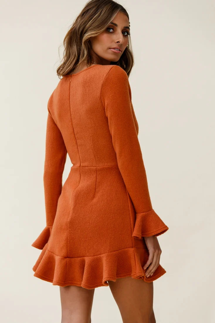 Shalini Flared Cuff Surplice Neckline Knit Dress Rust