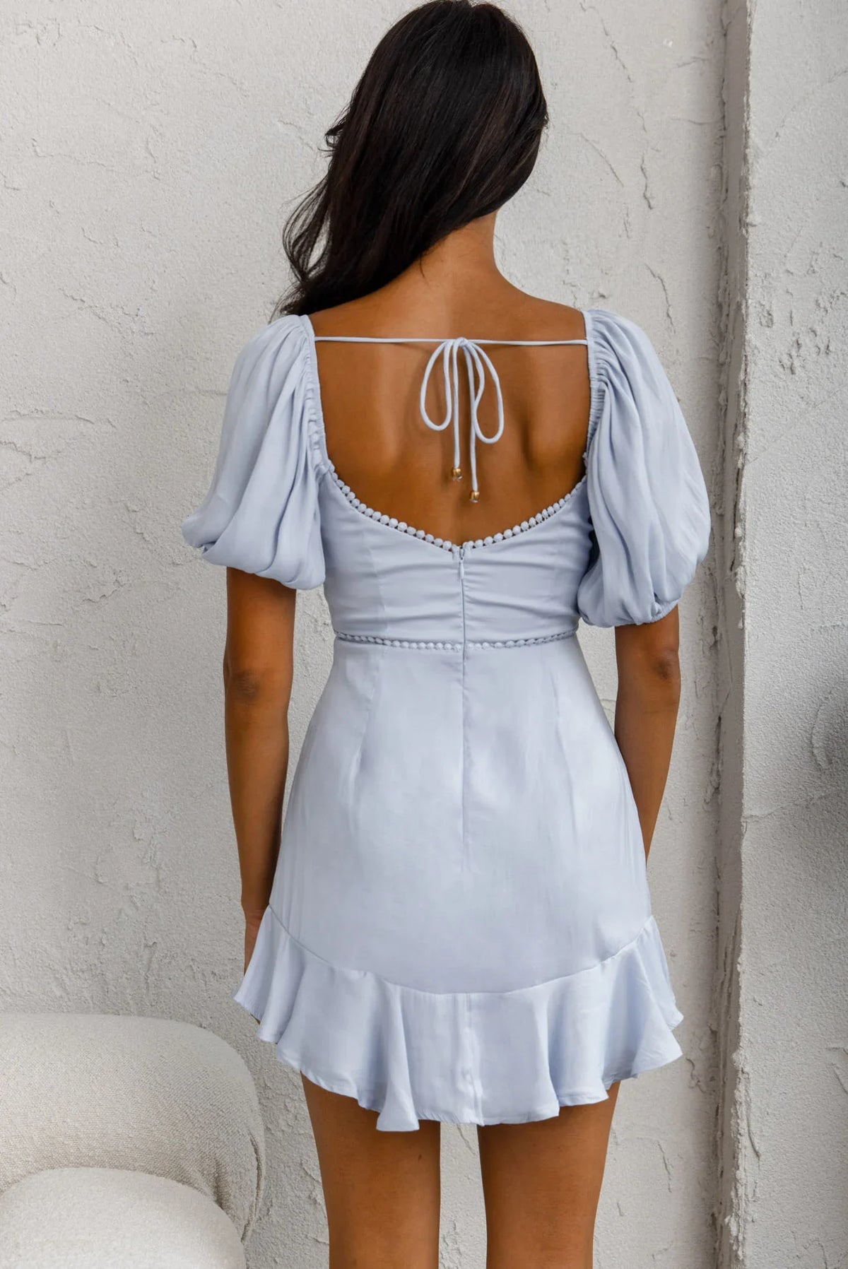 Catch Feelings Sweetheart Neckline Puff Sleeve Dot Trim Dress Steel Blue