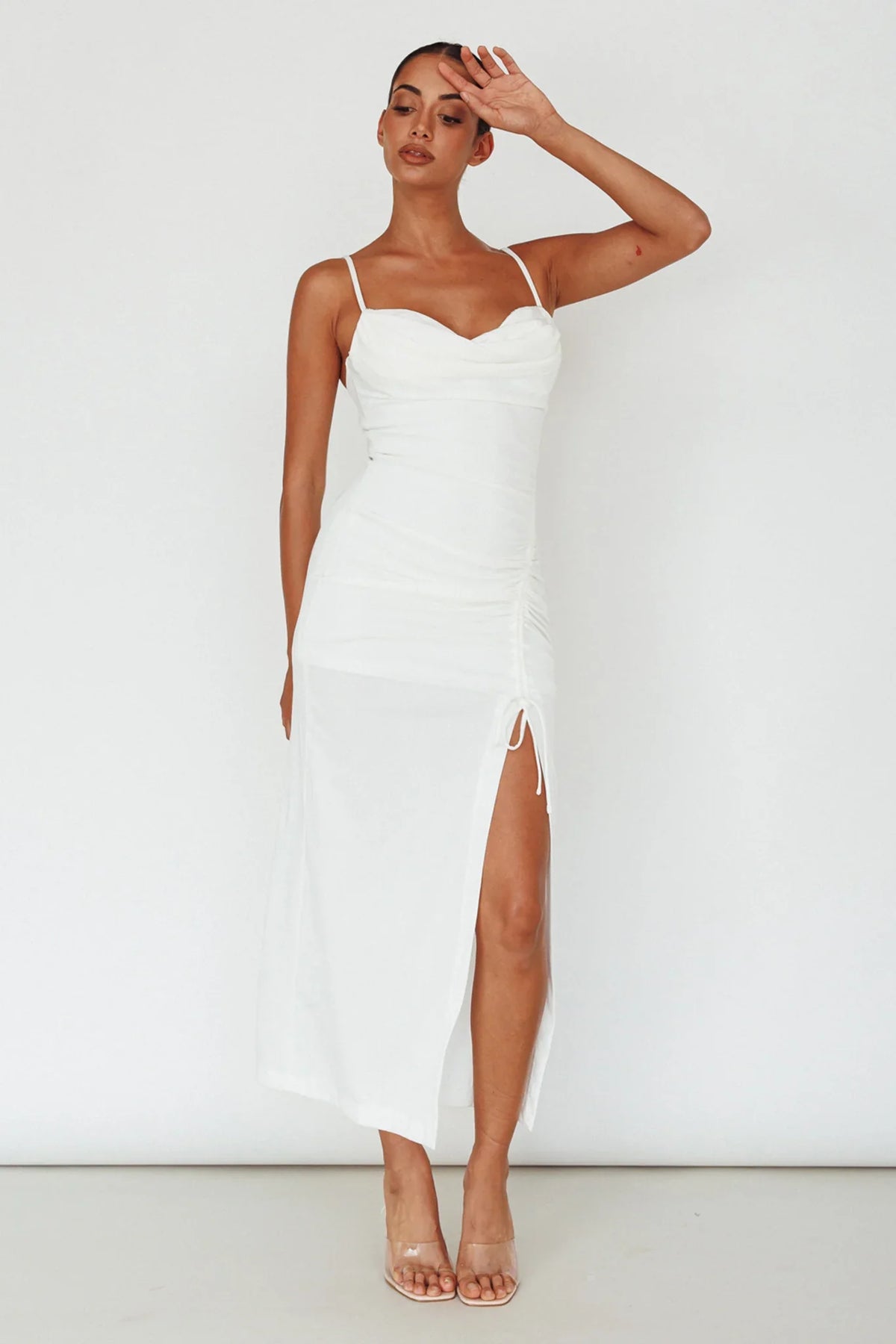 Samba Night Drawstring Ruched Midi Dress White