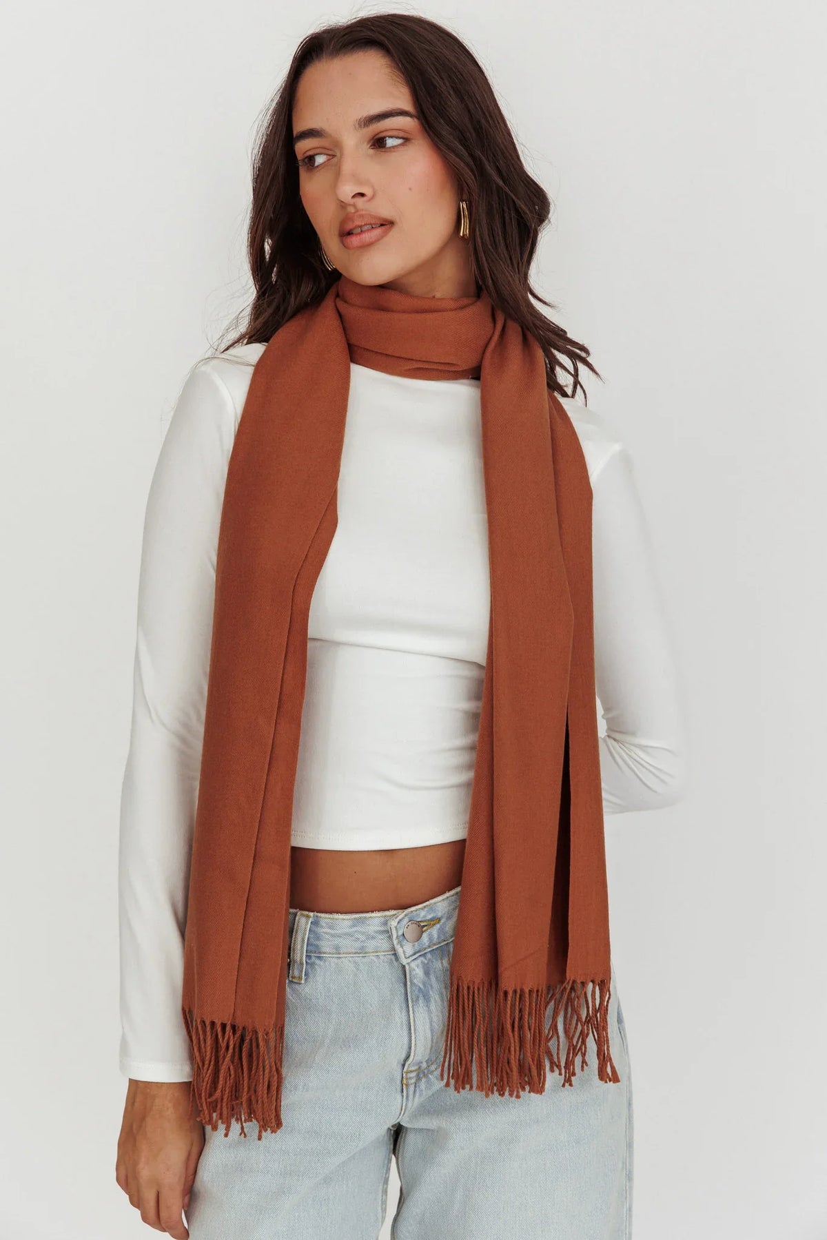 Diona Cashmere and Wool Fringed Scarf Brown