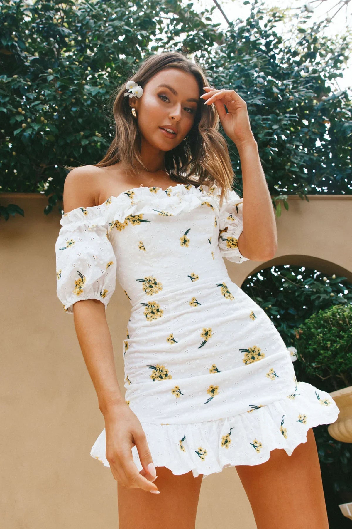 Morning Song Off-Shoulder Frill Trim Embroidery Dress Floral Print Yellow