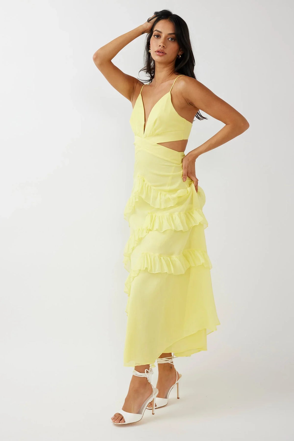 Joss Ruffle Trim Cut-Out Dress Yellow