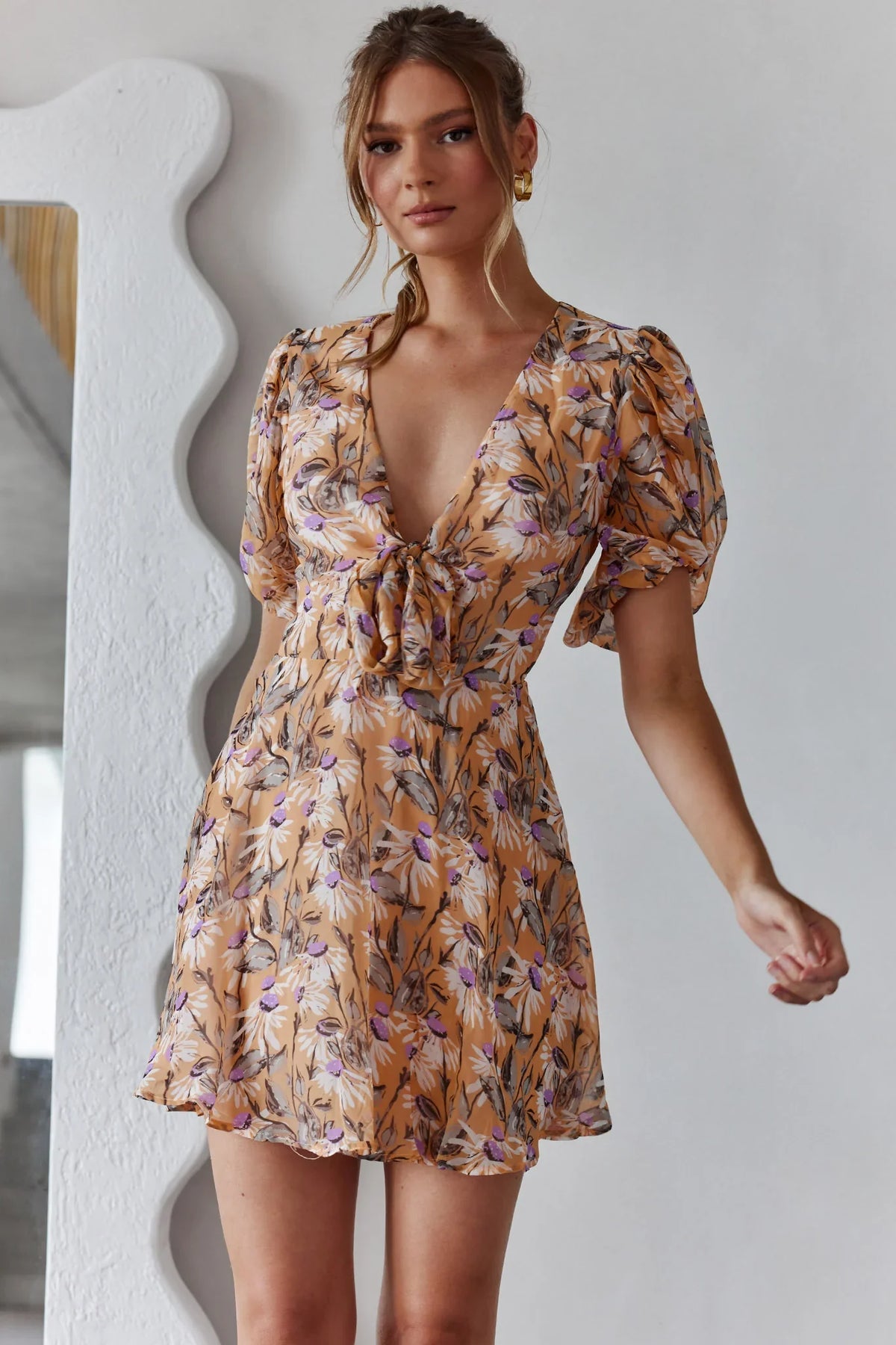 Madison Bow Tie Bust Puff Sleeve Dress Floral Orange