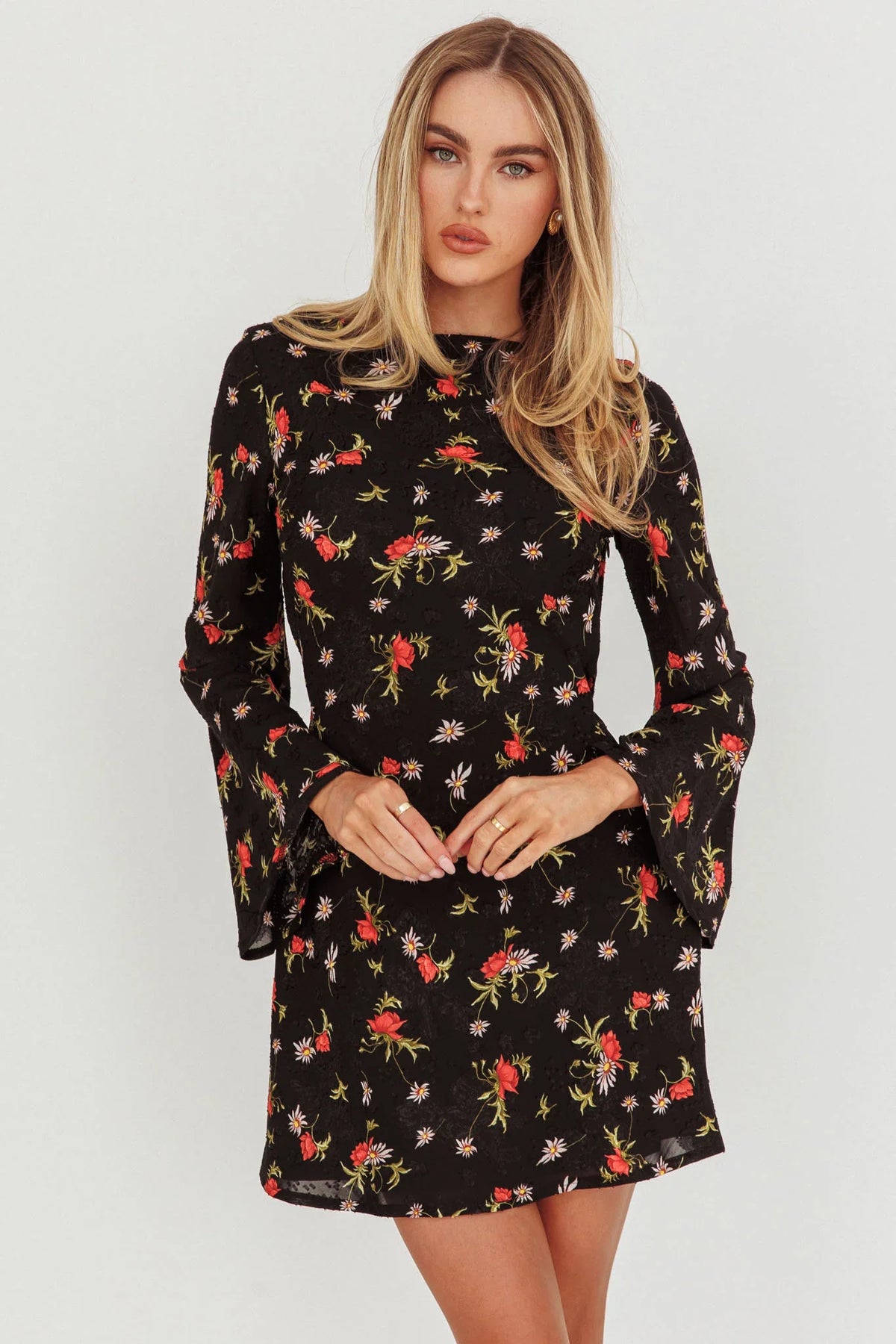 Thriller Long Sleeve Backless Mini Dress Floral Black