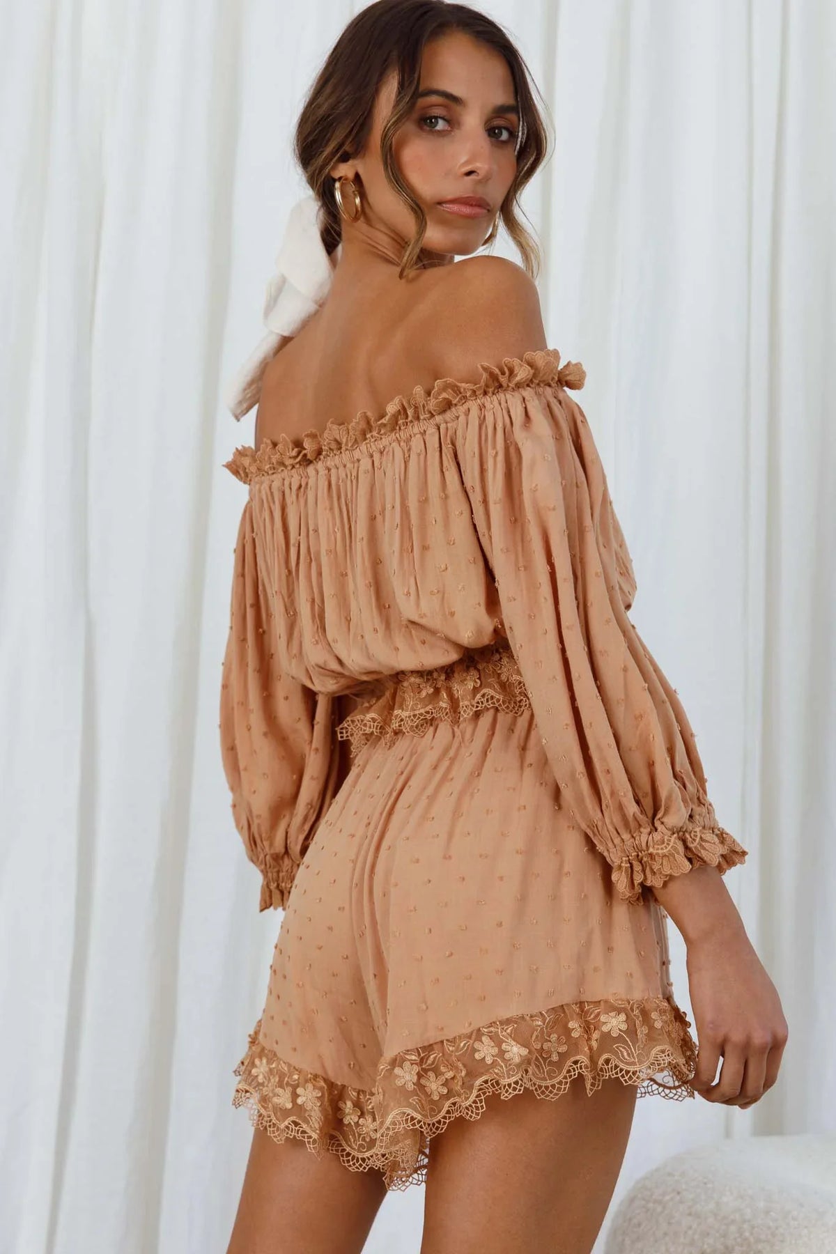 Romilly Scalloped Lace Trim Off-Shoulder Top Tan