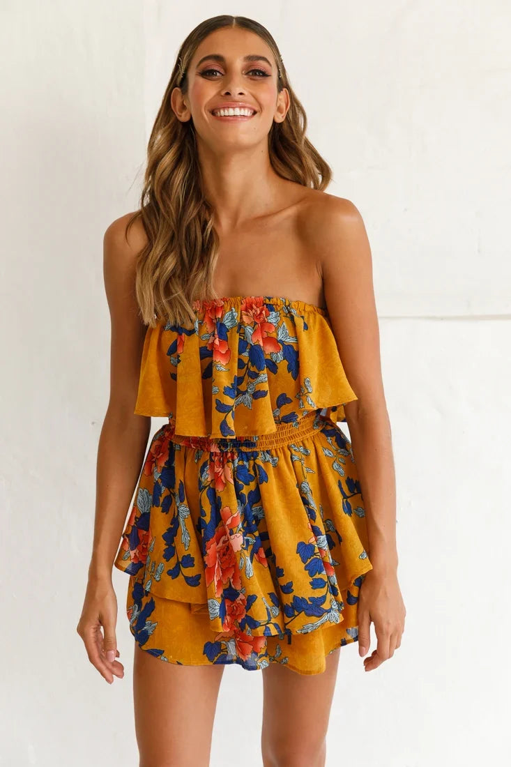 Skylar Dressy Tube Top Romper Yellow Mustard