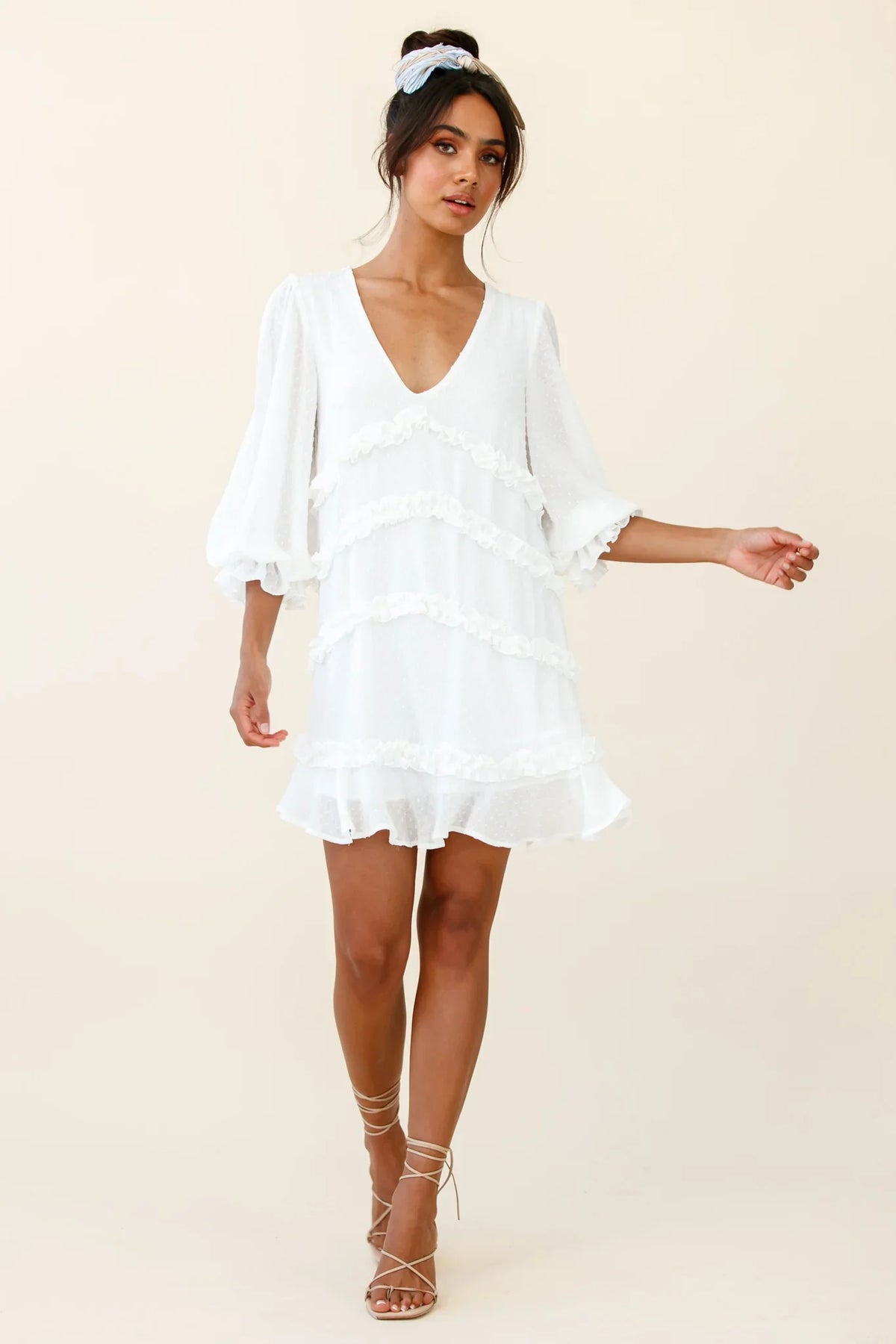Tabitha Balloon Sleeve Loose Fit Frill Detail Dress White