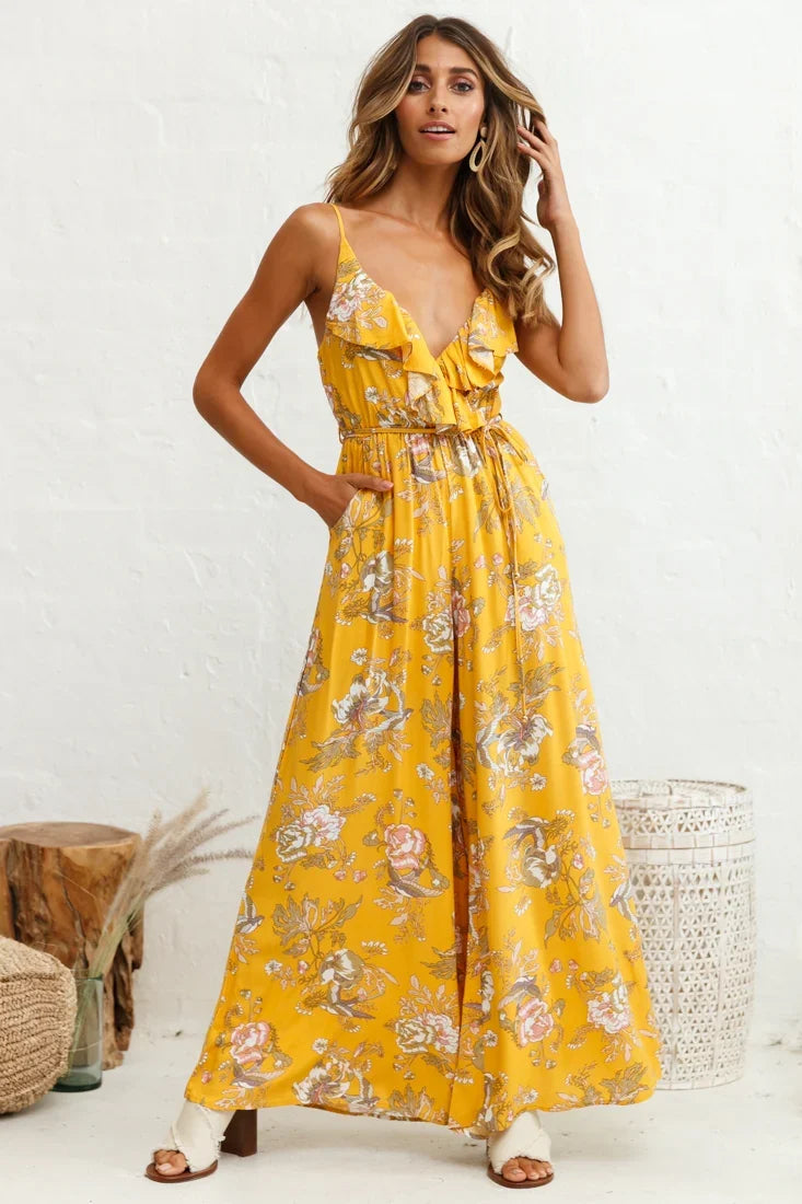 Melita Ruffle V-Neckline Jumpsuit Mustard Print