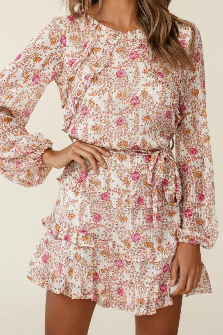 Dusk Long Sleeve Waist Tie Frill Dress Floral Print Beige