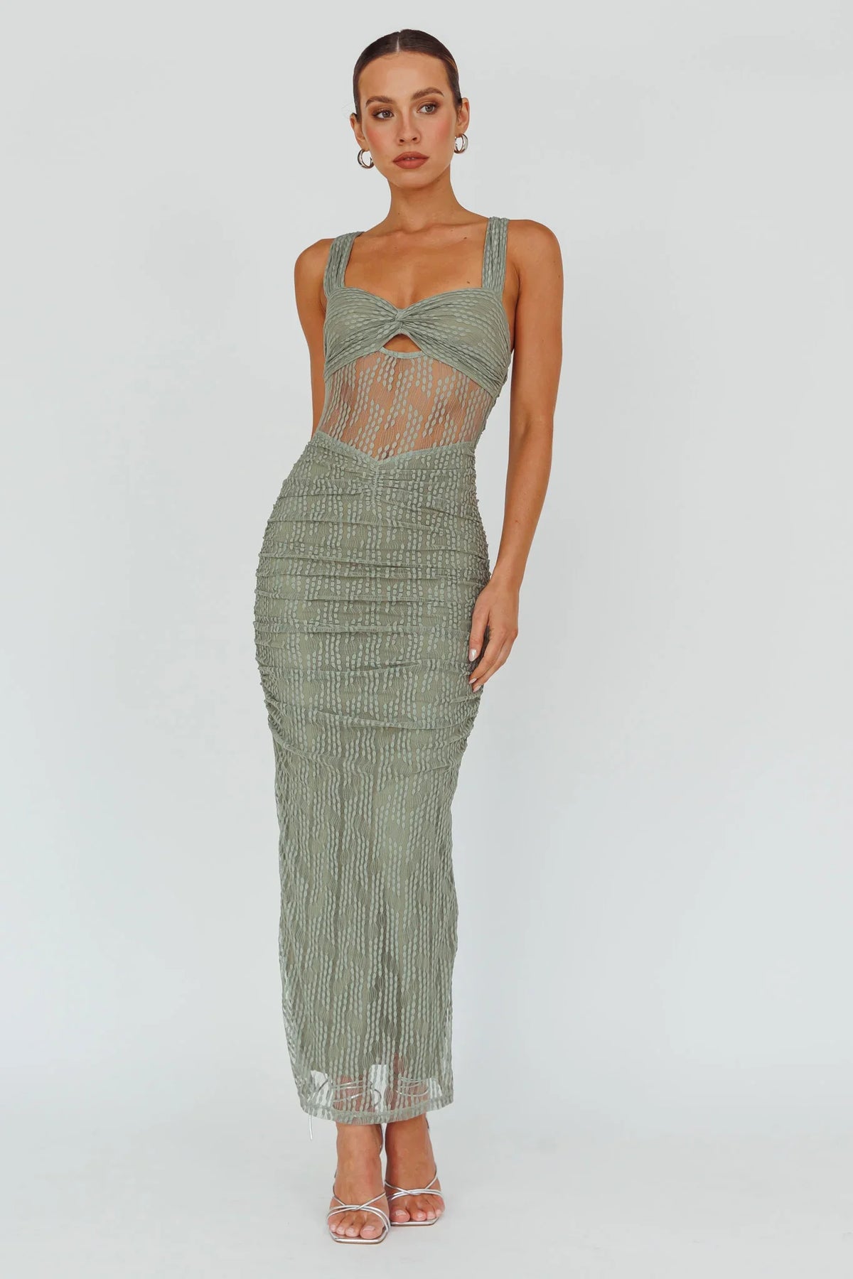 Oliana Embroidered Mesh Midi Dress Fern