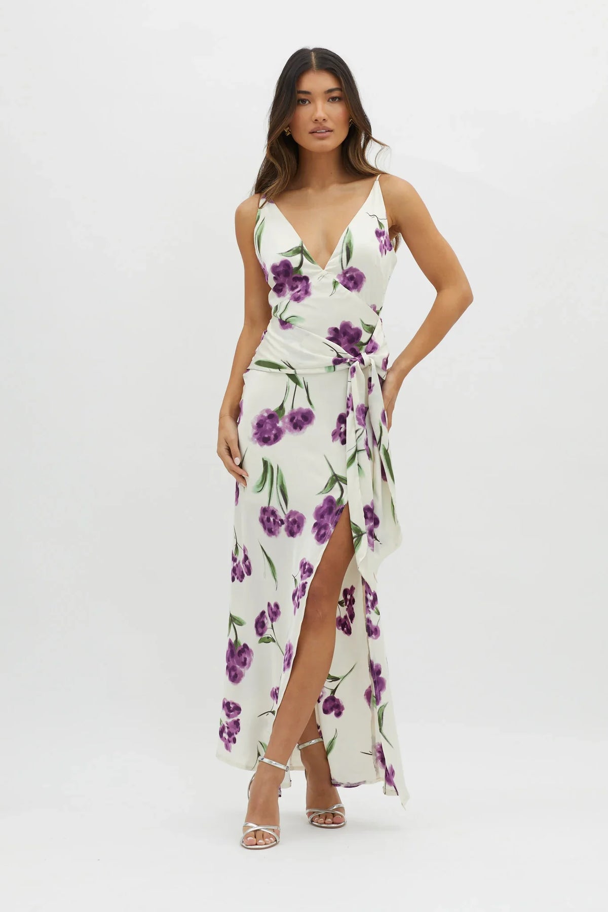 Corinna Tied Waist Split Dress Floral Purple