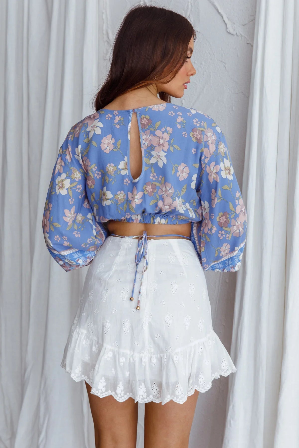 Sea View Long Sleeve Crop Top Floral Blue